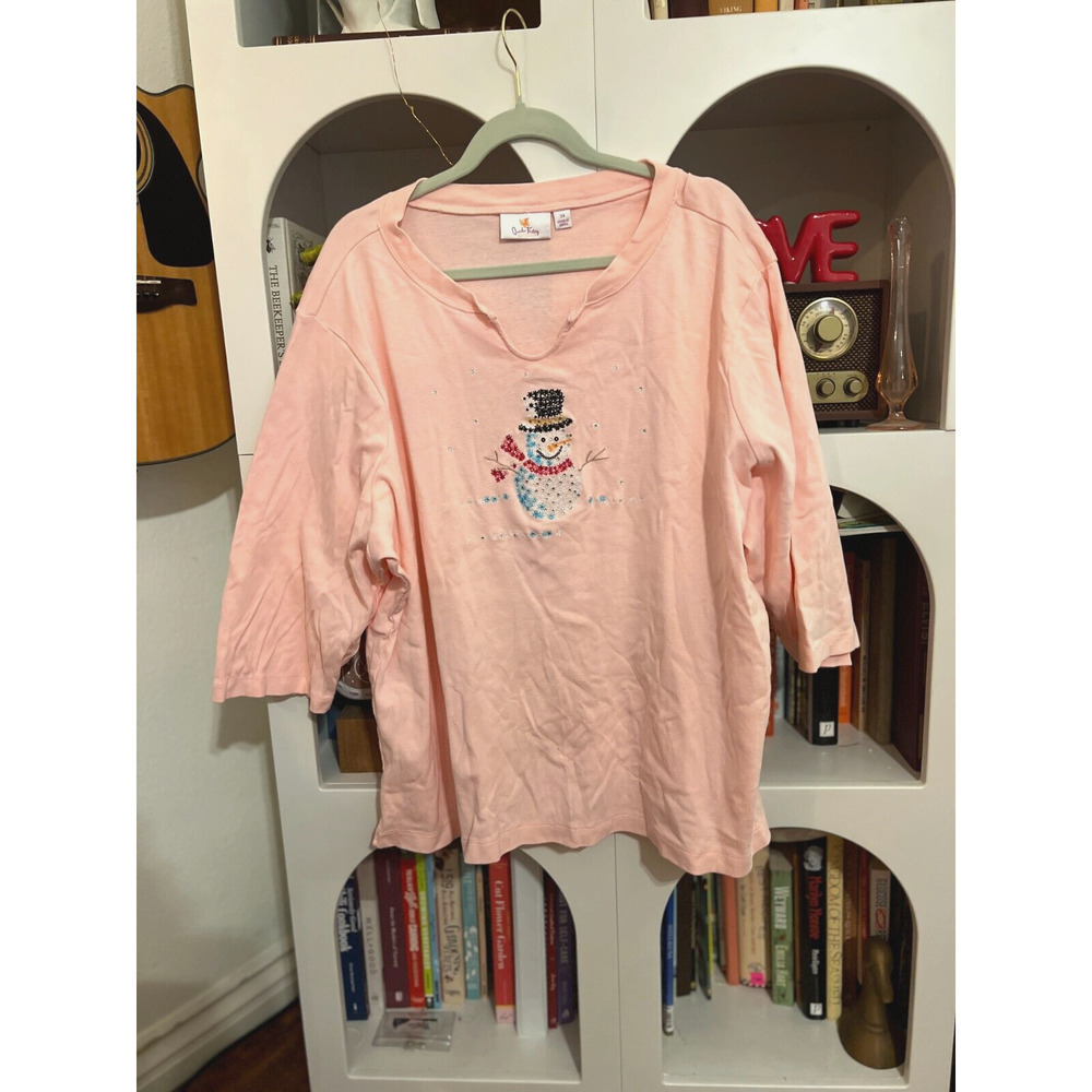 Quacker factory women's pink beaded snowman winter top plus size 3X valentines